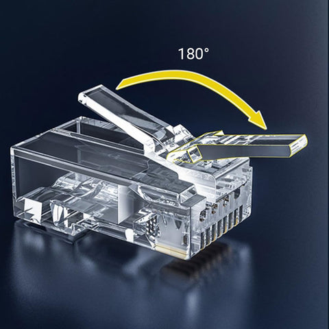 Close-up view of 200 Pack RJ45 Cat6 Pass Through Connectors for solid or stranded UTP cable with transparent housing