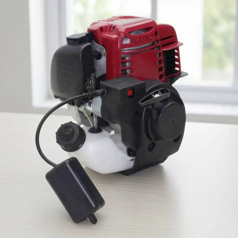 Ready To Mount Gas Powered Replacement Engine For Lawn Mowers And Small Machinery With Hassle Free Swap And Durable Black Housing, showing engine with red cover and fuel tank.