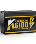 Side view of a 12V 7Ah LiFePO4 battery with yellow label, designed for power wheels and solar lighting, with built-in BMS.
