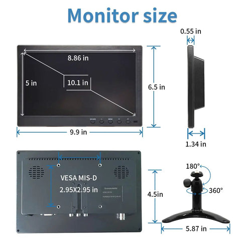 Dimensions of 10.1 Inch Portable Security Monitor With 1024x600 HD Display, BNC AV VGA USB Inputs, Built In Dual Speakers shown