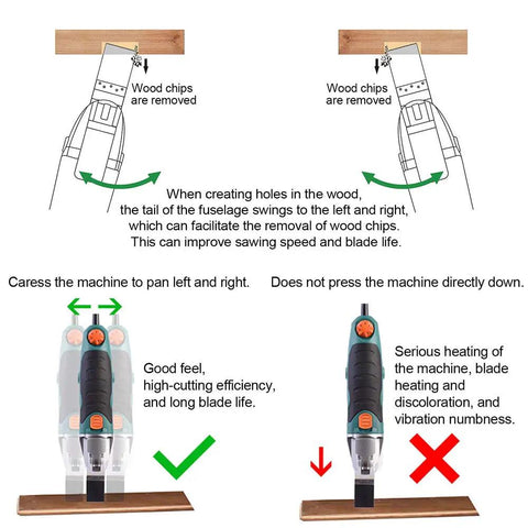 Diagram showing operation and handling of 40 Piece Oscillating Saw Blade Kit For Multitool with wood chip removal instructions.