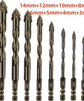 8-piece set of golden hardened alloy drill bits with 4-flute core for concrete, brick, ceramic tile drilling; sizes 14mm–3mm.