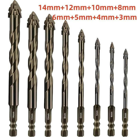 8-piece set of golden hardened alloy drill bits with 4-flute core for concrete, brick, ceramic tile drilling; sizes 14mm–3mm.