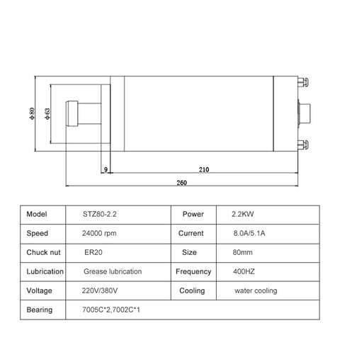 Smooth Operator 2.2KW CNC Spindle Motor With ER20 Collet And Rapid Liquid Cooling For Seamless Engraving Milling And Drilling technical diagram with dimensions.