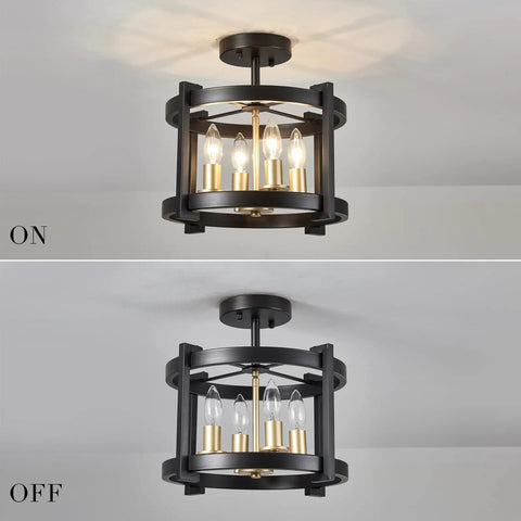 4 Light Dope Semi Flush Mount Ceiling Light Fixture In Black And Gold Farmhouse Rustic Vintage Style, on and off view.