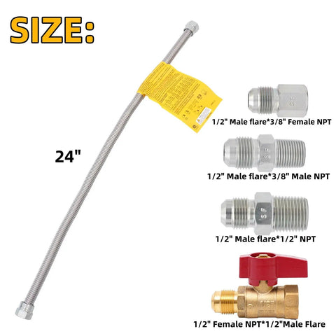 Stainless Steel 22 Inch Flexible Gas Line With Brass Ball Valve And Coupling Kit For Wall Heaters And Fireplaces, One Half Inch Flare On Both Ends