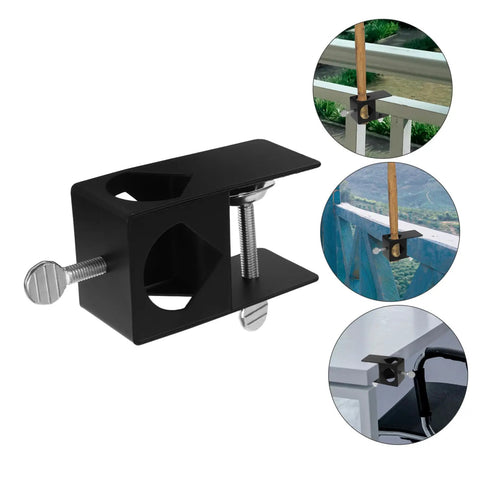 Adjustable Deck Torch Holder Bracket With Pole Clamp For Outdoor Tiki Torches, Durable G Clamp For A Rock Solid, No Fuss Mount In Gardens And Patios, Easy Setup And Secure, Weather Resistant with three installation views on railings.