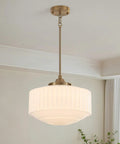 Vintage Brass Milk Glass Pendant Light 13.8in White Pleated Chandelier, E26 hanging from the ceiling with white glass shade.