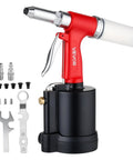 Heavy Duty Pneumatic Rivet Gun Kit With Five Jaw Sets For Quick Fastening, red and black air riveter with accessories.