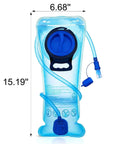 Transparent Blue 2L BPA Free Bladder for Transparent Purple 20L Hydration Backpack, with measurements showing size