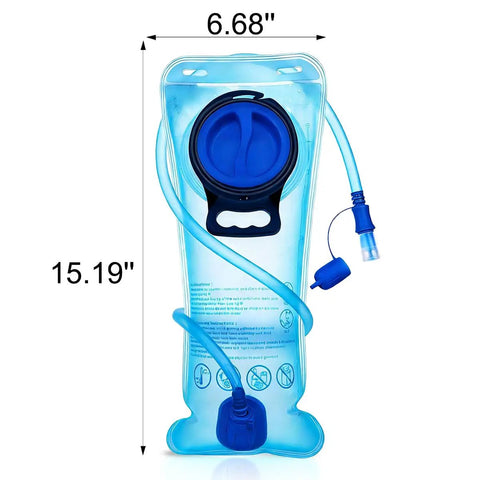 Transparent Blue 2L BPA Free Bladder for Transparent Purple 20L Hydration Backpack, with measurements showing size