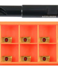 Half Inch 90 Degree Square Shoulder End Mill With Indexable Carbide Insert System And Ten APKT11T308 Inserts shown with inserts
