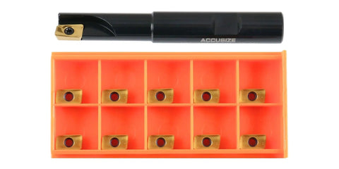 Half Inch 90 Degree Square Shoulder End Mill With Indexable Carbide Insert System And Ten APKT11T308 Inserts shown with inserts