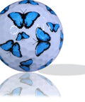 Blue Butterfly Novelty Golf Balls For Women with colorful printed blue butterflies, white background, set of 12, unique gift.