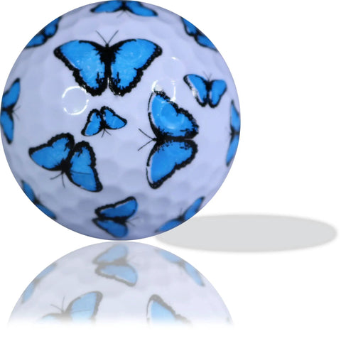 Blue Butterfly Novelty Golf Balls For Women with colorful printed blue butterflies, white background, set of 12, unique gift.