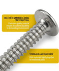 Close-up view of Number 8 By 1 Inch Stainless Steel Beefy Wood Screws With Phillips Drive And Modified Truss Head 304 Stainless Rust Resistant