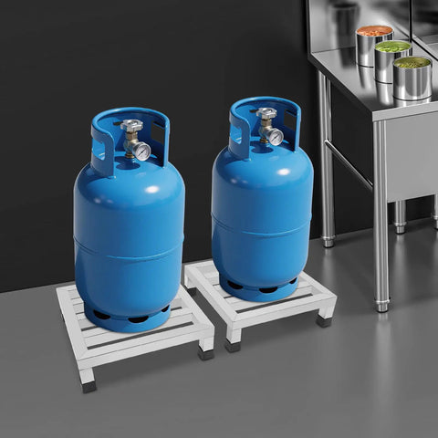 Blue gas cylinders on stainless steel dunnage rack set 2 pack 14x14x4 inches heavy duty floor racks 700lbs capacity each anti slip footpads
