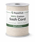Spool of RopeHub 100% Cotton Sash Cord, 500 ft, natural color with label visible.