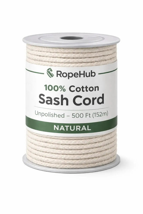 Spool of RopeHub 100% Cotton Sash Cord, 500 ft, natural color with label visible.