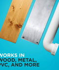 46-piece drill and screwdriver bit set displayed with wood plank, metal sheet, and PVC elbow on teal background