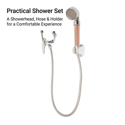 Practical Shower Set with metal showerhead, flexible hose, and holder for comfortable use in bathrooms.