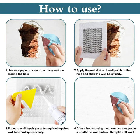 Steps to use All In One Wall Repair Patch Kit With Self Adhesive Aluminum Mesh For Holes In Walls And Ceilings demonstrating patch application.