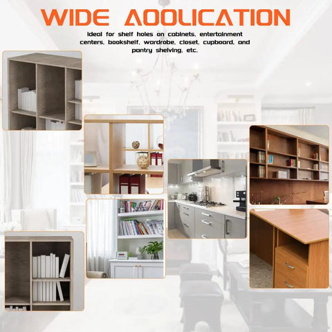 Dang Sturdy Nickel Plated Shelf Pin Kit With Seven Styles Of Heavy Duty Support Pegs For Cabinets Closets And Bookshelves Easy To Mount Fits Five Six Or Seven Millimeter Holes Delivers Reliable Storage That Works Like A Charm, displayed in various shelving applications.