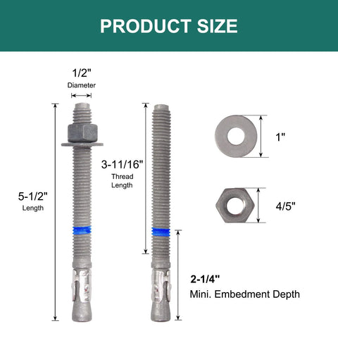 Concrete Wedge Anchors One Half Inch By Five And One Half Inch Heavy Duty Ten Pack Hot Dip Galvanized Carbon Steel Cement Anchor Bolts