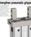 Close-up of Mini Pneumatic Parallel Gripper Claw With Magnetic Hold for automation, showing strengthened metal finish and compact design.