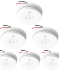 Rock Solid 6 Pack Hardwired Interconnected Smoke Alarms Featuring Photoelectric Sensing with wiring setup and testing button.