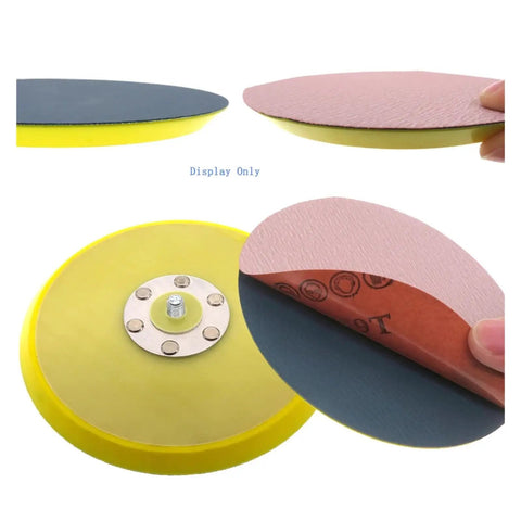 2-Pack 6 Inch Vinyl PSA Sanding Backing Pads For Power Drills, a yellow backing plate with sticky grip and attached sanding disc.