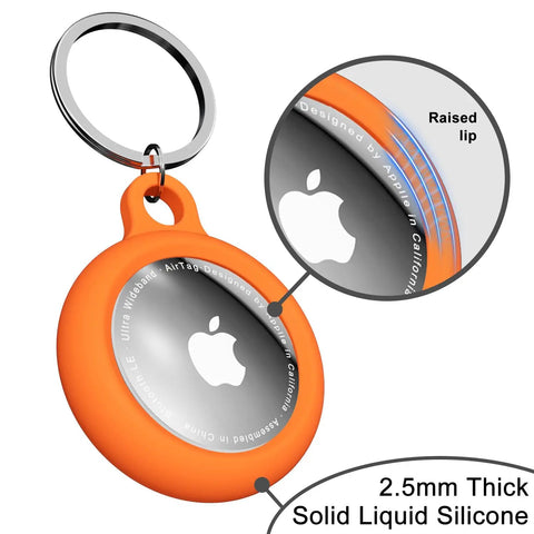 Neon Orange Silicone AirTag Keychain Case With Ring Waterproof AirTag Holder Durable Full Body Cover For Kids And Luggage Car Pet Collar Travel Ready Must Have Anti Fingerprint Dust Proof Lightweight showing close-up design details.