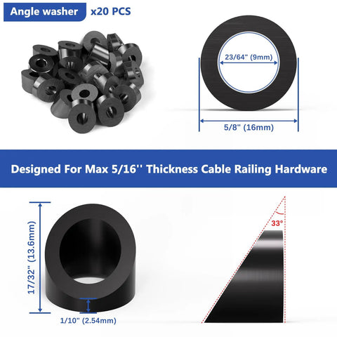 20 Pack 0.35 Inch Inner Diameter T316 Marine Grade Stainless Steel Angle Beveled Washers With 33 Degree Bevel For Five Sixteenth Inch Cable Railing Hardware Aluminum Rugged Outdoor Ready End Posts Black. Image shows black angle washers with dimensions and bevel angle.