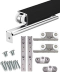 Heavy Duty Barn Door Slide Track Kit With Foolproof Four Roller Wheels Sick Durability Handles Two Hundred Pounds Matte Black Finish Easy Setup Smooth Glide, components showing rollers and tracks.