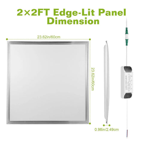 Dimensions of 2 By 2 Ft LED Flat Panel Light For Drop Ceiling Office Use, showing side and top views with driver.