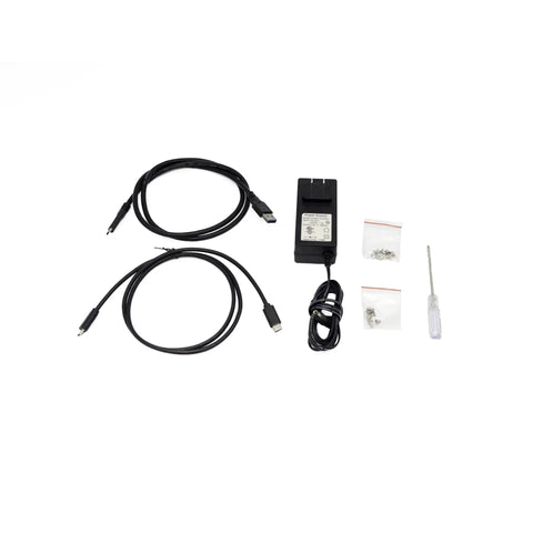 Plug And Play Dual Bay Raid Hard Drive Enclosure Packing Hella Fast Usb 3 1 Gen 2 Type C To Sata Supports RAID Zero One components including power adapter, USB cables, screws, and screwdriver.