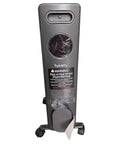 Front view of a black portable heater with warning label and caster wheels for easy mobility.