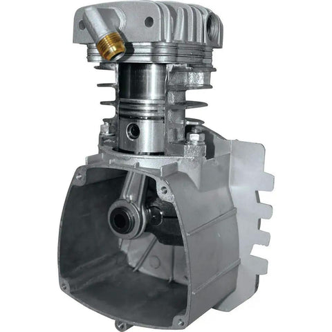 Rock Solid Cast Iron 2HP Big Bore Air Compressor head showing detailed pump interior and construction.