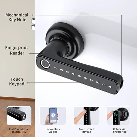 4 In 1 Fingerprint Door Lock with App Code Backup Key, Keyless Entry, Door Knob Type, Black, for Home Office Hotel Apartment