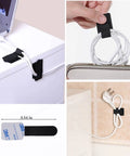 Close-up views of 192 Pcs Cable Management Kit with adhesive tie rolls, cable clips, and fastening ties in varied applications.