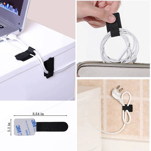 Close-up views of 192 Pcs Cable Management Kit with adhesive tie rolls, cable clips, and fastening ties in varied applications.