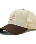 Cruise Ready Trucker Hat For Women And Men with brown brim and mesh top, pink anchor artwork on front.