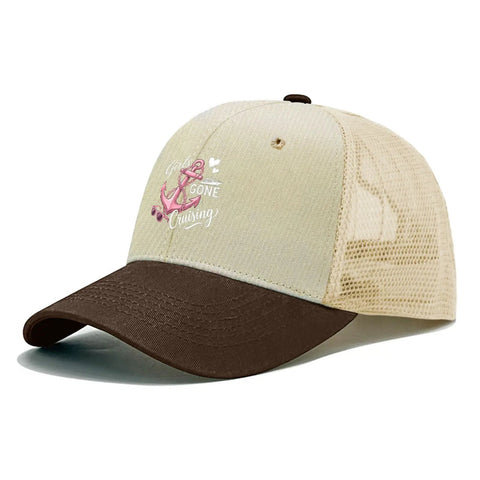 Cruise Ready Trucker Hat For Women And Men with brown brim and mesh top, pink anchor artwork on front.