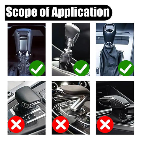 Image showing various car shift knobs with check and cross marks, indicating compatibility with Gear Shift Hoodie Cover For Cars.