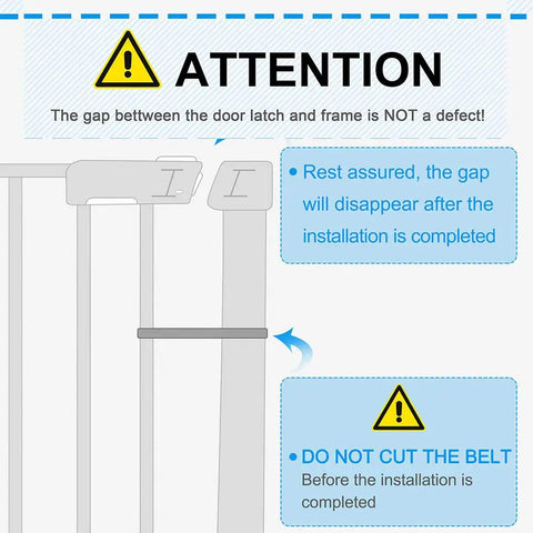 Installation guide for Auto Close Safety Baby Gate For Stairs And Doorways, Extra Tall And Wide, noting the gap as non-defective.