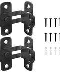 2 Pack 90 Degree Flip Barn Door Lock Set For Privacy And Real Deal Security, includes black latch hooks, screws, and wall anchors.