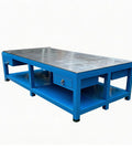 Top Notch Polished Mold Maintenance Bench with 8mm Thickened Steel Plate and Rock Solid Frame Built Tough for Serious Shop Projects Measuring 2500 by 1500 Millimeters, featuring blue frame and drawers.