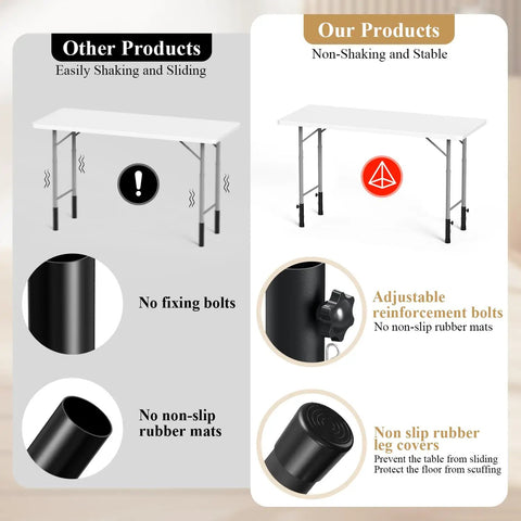 Comparison image highlighting Heavy Duty Adjustable Table Risers And Leg Extenders Four Pack features, stability vs. sliding.