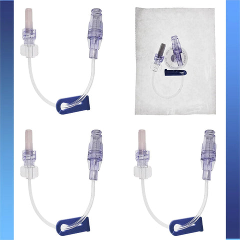 IV extension sets with clear tubing, purple luer-lock connectors and blue clips; sterile, individually packaged for veterinary/lab use, 4 units