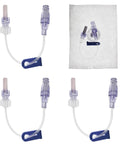 Set of 4 IV extension sets with clear tubing, purple luer adapters and blue clips for lab or veterinary use